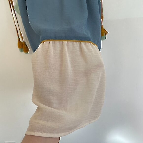 ANN TAYLOR LOFT Poolside Peplum Cami Cream Beige Blue Tassel Strappy Tank Blouse - Picture 6 of 12